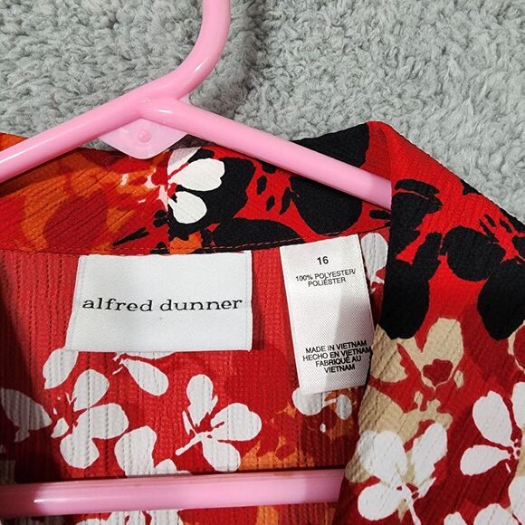 Alfred Dunner Red Black Floral Button Up Sheer Style Top Size 16 Plus Size - Picture 2 of 6